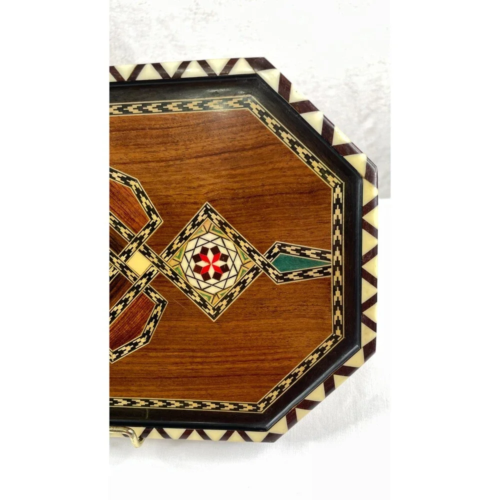 Vintage Spanish Taracea Marquetry Wooden Tray Octagonal Geometric Inlay Platter